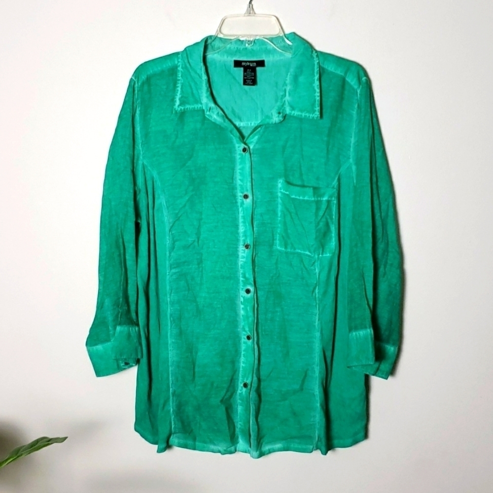 Style & Co bright green casual button up shirt, blouse, swim cover up, stretch